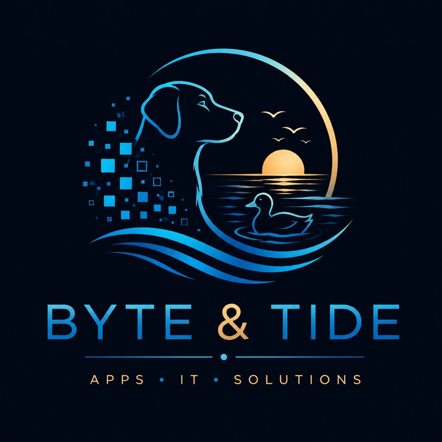 Byte & Tide logo: a digital dog, duck and waves beneath a gold sunset. Apps, IT, Solutions.